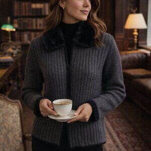 🧶 Vintage Herman Geist 100% Wool Zip Cardigan with Faux Fur Collar – Hong Kong